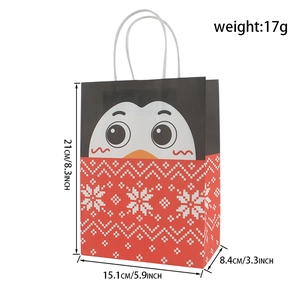 Christmas kraft paper gift bag with cute penguin face and snowflake pattern, 21x15x8cm