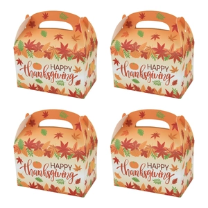 Orange Thanksgiving gift boxes with fall leaf patterns and Happy Thanksgiving text