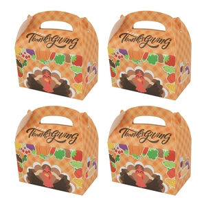 Set of four orange checkered Thanksgiving gift boxes with turkey and pumpkin patterns