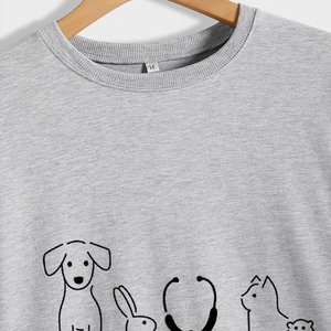 Grey crewneck sweatshirt featuring black minimalist vet line art and animal graphics