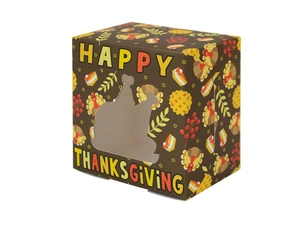 Detail der Erntedankfest-Keksbox mit Truthahnfenster und Happy Thanksgiving-Druck