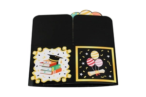 Detail of matte black 3D graduation gift box with colorful books and diploma illustrations