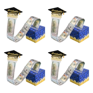 Detail of blue graduation money pull box set with yellow caps and congrats text