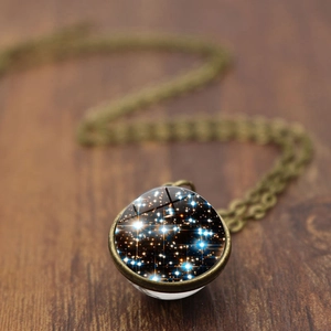 Collier Pendentif Univers Galaxie Nébuleuse Vintage Double Face Boule De Verre Alliage De Zinc Chaîne De Pull Unisexe