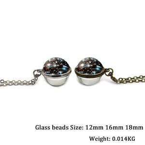 Collier pendentif galaxie en verre double face avec finitions argent et bronze