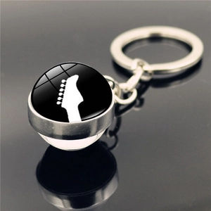 Porte-clés créatif en métal argenté avec silhouette de guitare et dôme en verre poli