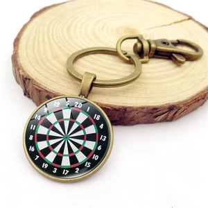 Retro dartboard keychain with bronze alloy ring and glass cabochon pendant
