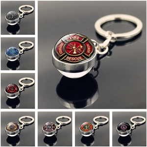 Firefighter Rescue Double Sided Glass Ball Keychain Zinc Alloy Career Hero Maltese Cross Professional Commemorative Gift