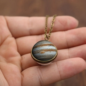 Solar system Jupiter double-sided glass ball pendant necklace with bronze retro chain