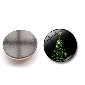 Détails recto-verso d'un aimant de Noël en verre de 25mm avec base magnétique souple noire
