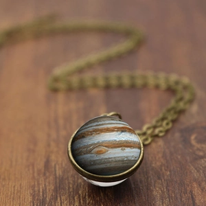 Jupiter Planet Pendant Necklace Double Sided Glass Ball Zinc Alloy Retro Solar System Space Jewelry For Women Men