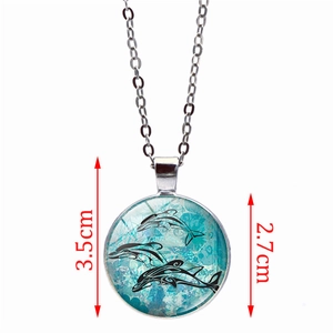 Blue ocean pendant necklace with tribal dolphin pattern and silver alloy chain link
