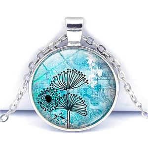 Artistic dandelion glass cabochon pendant necklace with silver chain for women