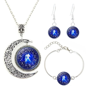 Bijoux Constellation Du Zodiaque Alliage Cabochon Verre Pendentif Lune Évidée Collier Bracelet Boucles D'oreilles Galaxie