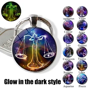Luminous Libra zodiac glass gemstone keychain with silver metal ring and galaxy design