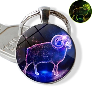 Close-up of Aries zodiac keychain showing green glow-in-the-dark luminous effect