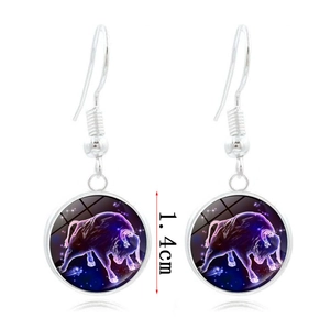 Silver Taurus zodiac earring set with 1.4cm purple glowing glass dome pendants