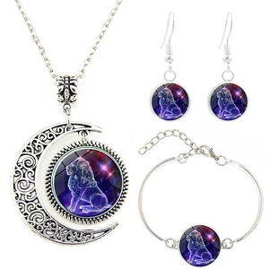 Three-piece Leo constellation jewelry set with crescent moon pendant and starry glass charm