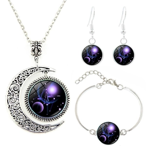 Bijoux Constellation Zodiaque Collier Bracelet Boucles Oreilles Alliage Verre Cabochon Croissant Lune Vintage Fantaisie Femmes
