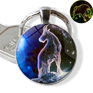 Luminous Capricorn zodiac keychain with starry sky glass gem and silver metal ring