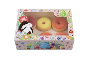 Easter gift box with transparent window showing colorful donuts and bunny floral patterns