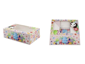 Detailed side view of Easter gift box with rabbit patterns and clear display window