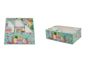 Detailed macro view of Easter gift box with rabbit patterns and clear window design