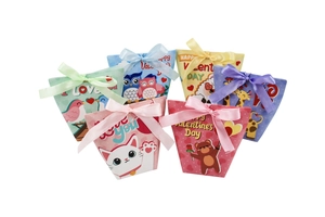 Detail of six Valentine's Day animal pillow boxes with colorful satin ribbon bows