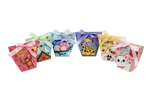 Set of 6 cartoon animal Valentine's candy boxes with satin ribbons on white background