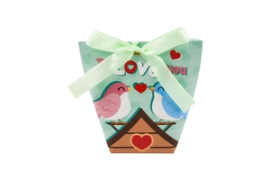 Detail view of light green pillow gift box with bird illustration and I Love You text