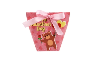Pink Valentine gift box with cute bear illustration and elegant satin ribbon bow