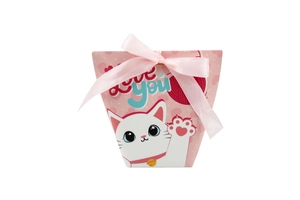 Pink cartoon cat gift box with ribbon and Love You print for Valentine candy and cookies