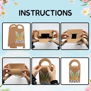 Step-by-step instructions for folding the base and sealing the rabbit kraft gift bag