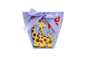 Detail of lavender candy box with cartoon giraffes and purple satin ribbon bow
