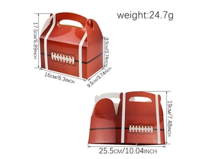 Detail of football party gift box with leather texture print and dimensions