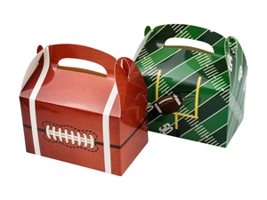 Detail of American football themed gift boxes with turf and leather texture designs