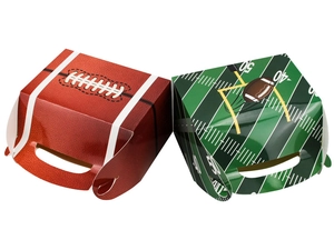 Detail of American football themed treat boxes with goal posts and stitching patterns