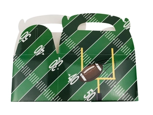 Macro detail of paper football treat box featuring turf green field and yard line graphics