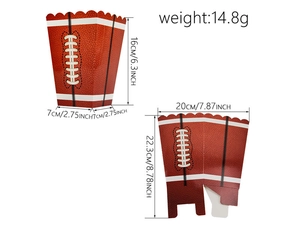Flat lay showing assembled and folded dimensions of the football popcorn paper box