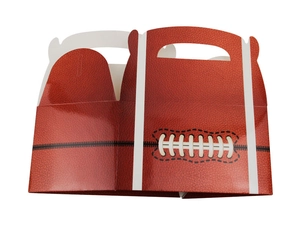 Detail of football party gift box showing leather texture and white stitching patterns