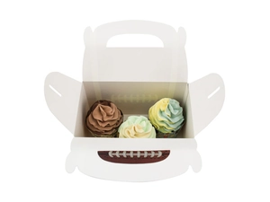 Detail view of the football-themed cupcake box with three desserts and a carry handle