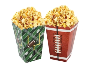 Detail of football party popcorn boxes with stadium yard lines and leather texture
