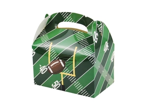 Close-up of a green football gable box with field yard lines and goal post details