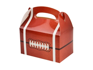 Detail of rugby-themed party gift box showing leather texture and white stitching patterns