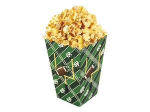 Close-up of football field themed popcorn box with numbers and goal post illustrations