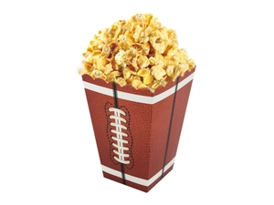Detail shot of football themed popcorn box with classic brown leather print and stitches