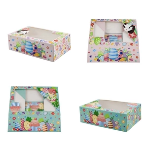 Easter gift box with clear window featuring cartoon bunny and colorful egg illustrations