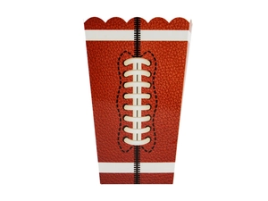Detail of American football party popcorn box with leather texture and white stitching