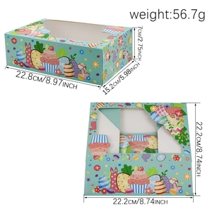 Easter bunny and egg themed light blue gift box with window showing dimensions and patterns