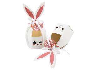 Detail of 3D Easter bunny gift box with long ears, ribbon bow, and Happy Easter tag